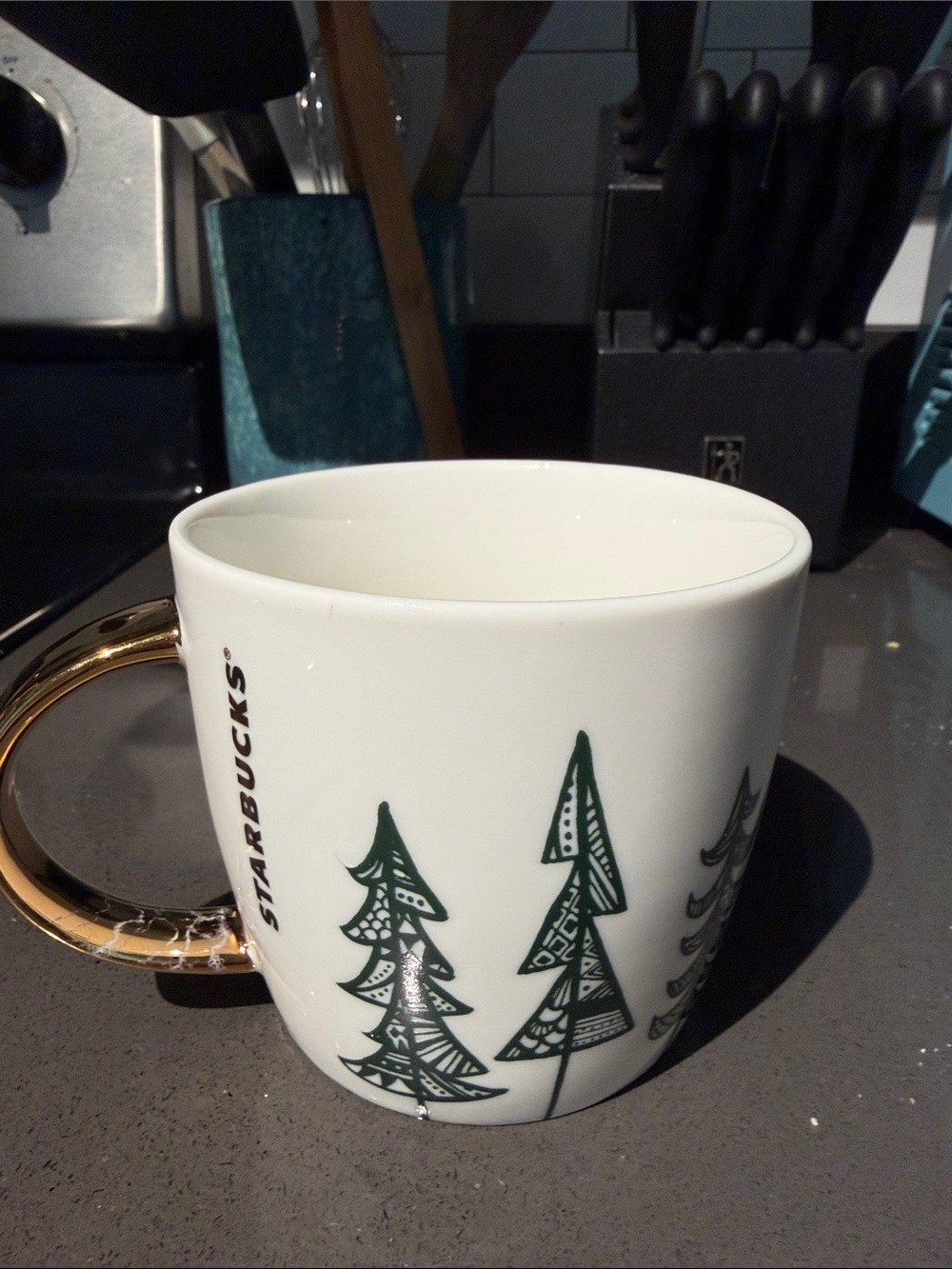 Starbucks White Mug with Green Tree Artwork and Gold Handle